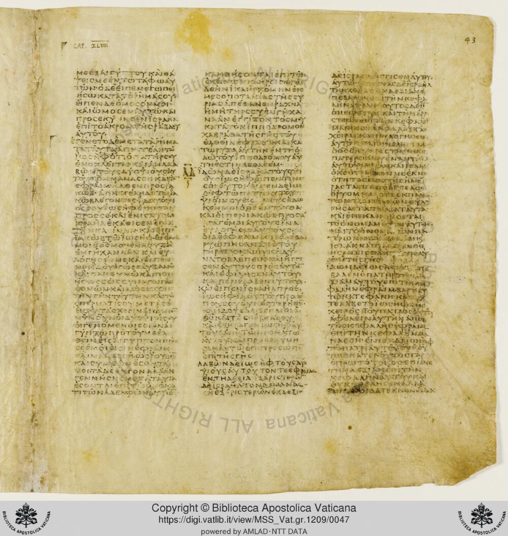 Codex Vaticanus showing Genesis 48:13 from Early to Mid-4th Century AD, currently housed at Vatican Library, Vatican City