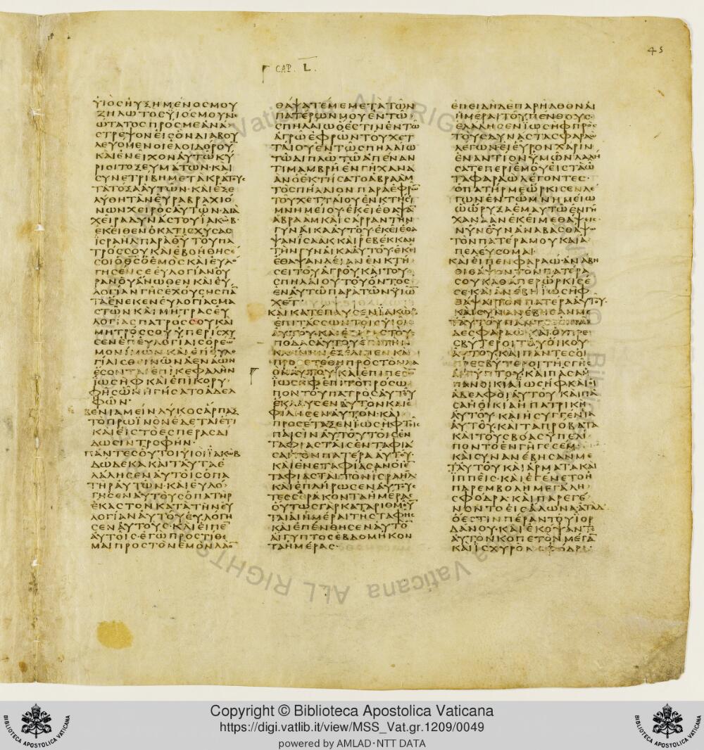 Codex Vaticanus showing Genesis 49:21 from Early to Mid-4th Century AD, currently housed at Vatican Library, Vatican City