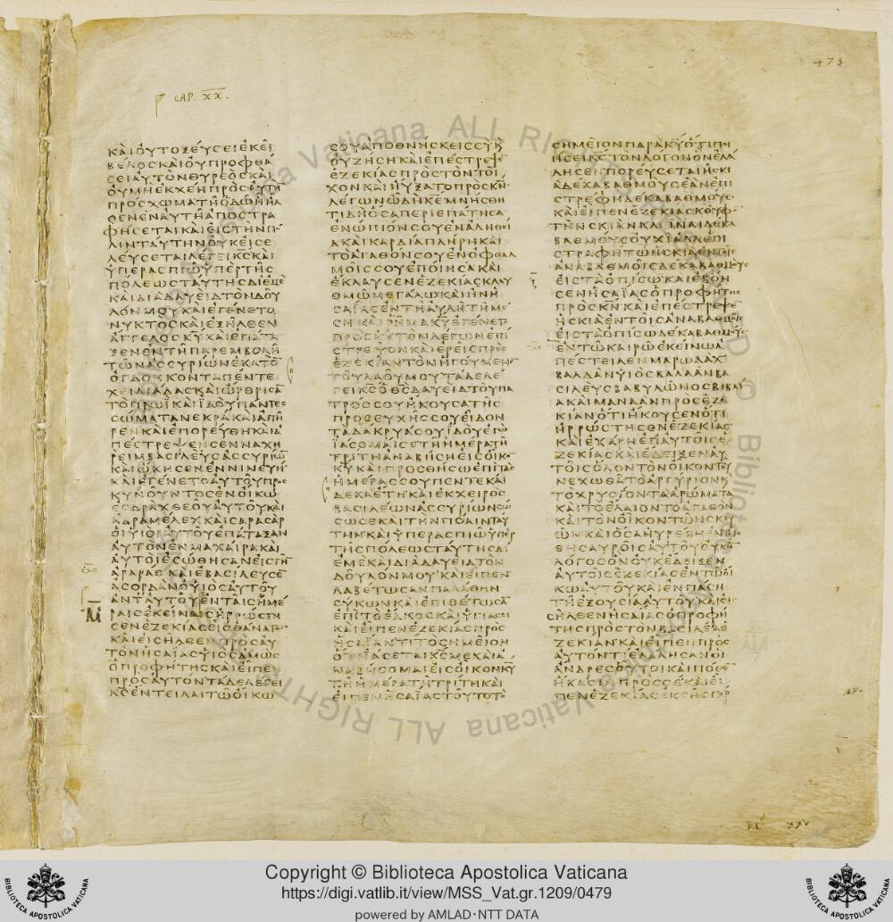Codex Vaticanus showing 2 Kings (4 Kingdoms) 20:11 from Early to Mid-4th Century AD, currently housed at Vatican Library, Vatican City