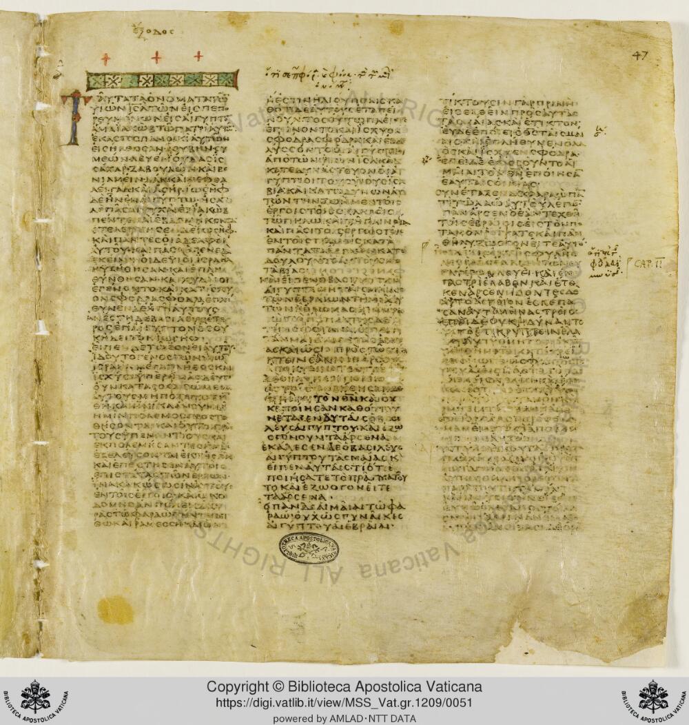 Codex Vaticanus showing Exodus 1:13 from Early to Mid-4th Century AD, currently housed at Vatican Library, Vatican City