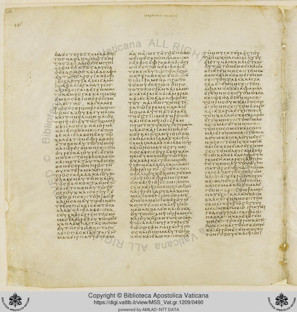 Codex Vaticanus showing 1 Chronicles 1:35 from Early to Mid-4th Century AD, currently housed at Vatican Library, Vatican City