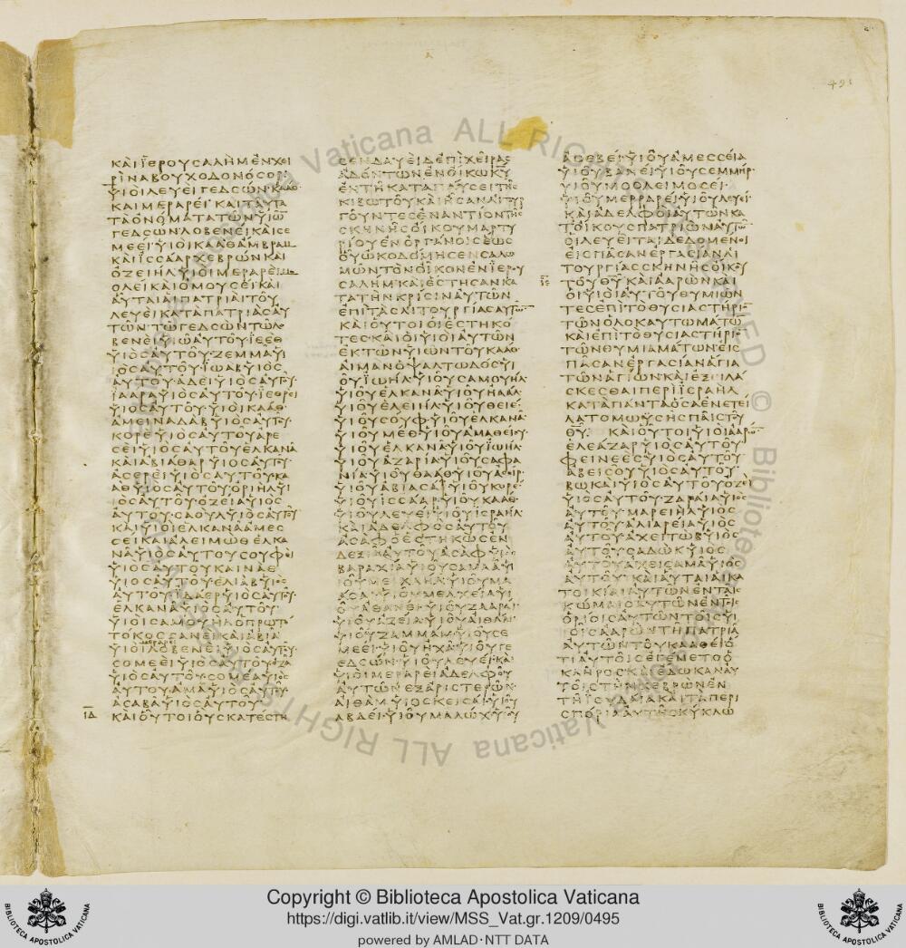 Codex Vaticanus showing 1 Chronicles 4:21 from Early to Mid-4th Century AD, currently housed at Vatican Library, Vatican City
