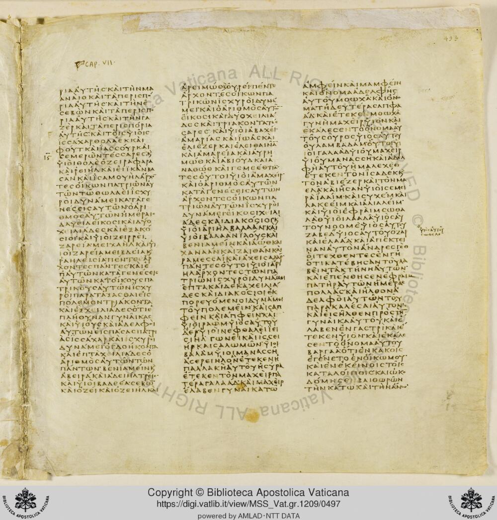 Codex Vaticanus showing 1 Chronicles 5:21 from Early to Mid-4th Century AD, currently housed at Vatican Library, Vatican City