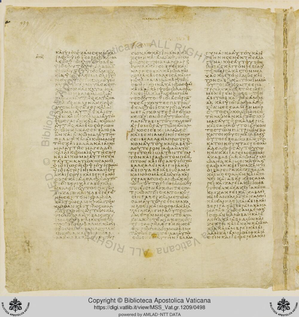 Codex Vaticanus showing 1 Chronicles 6:39 from Early to Mid-4th Century AD, currently housed at Vatican Library, Vatican City
