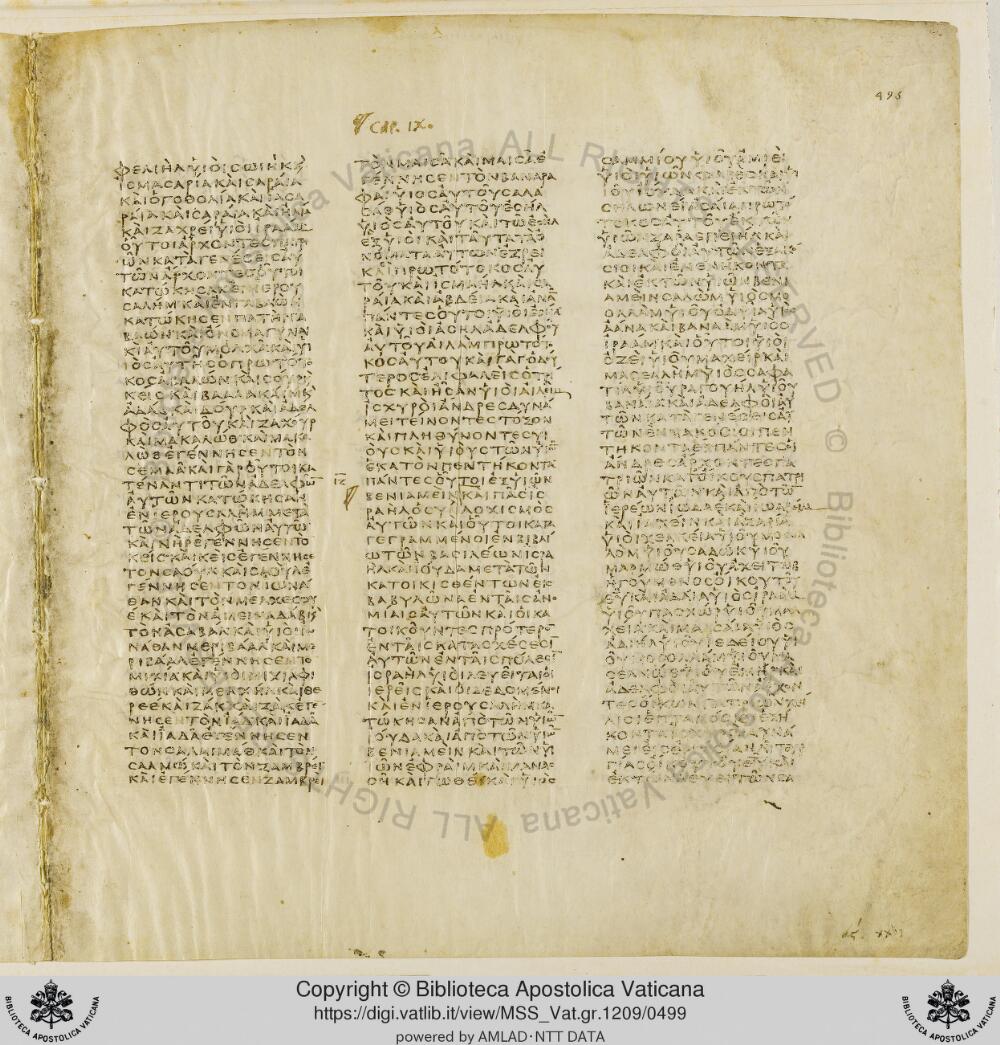Codex Vaticanus showing 1 Chronicles 6:49 from Early to Mid-4th Century AD, currently housed at Vatican Library, Vatican City
