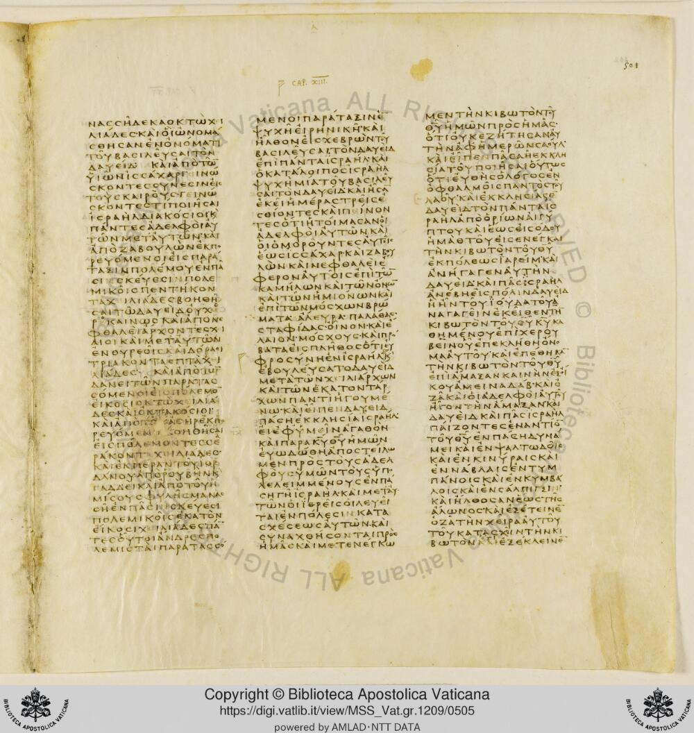 Codex Vaticanus showing 1 Chronicles 9:39 from Early to Mid-4th Century AD, currently housed at Vatican Library, Vatican City