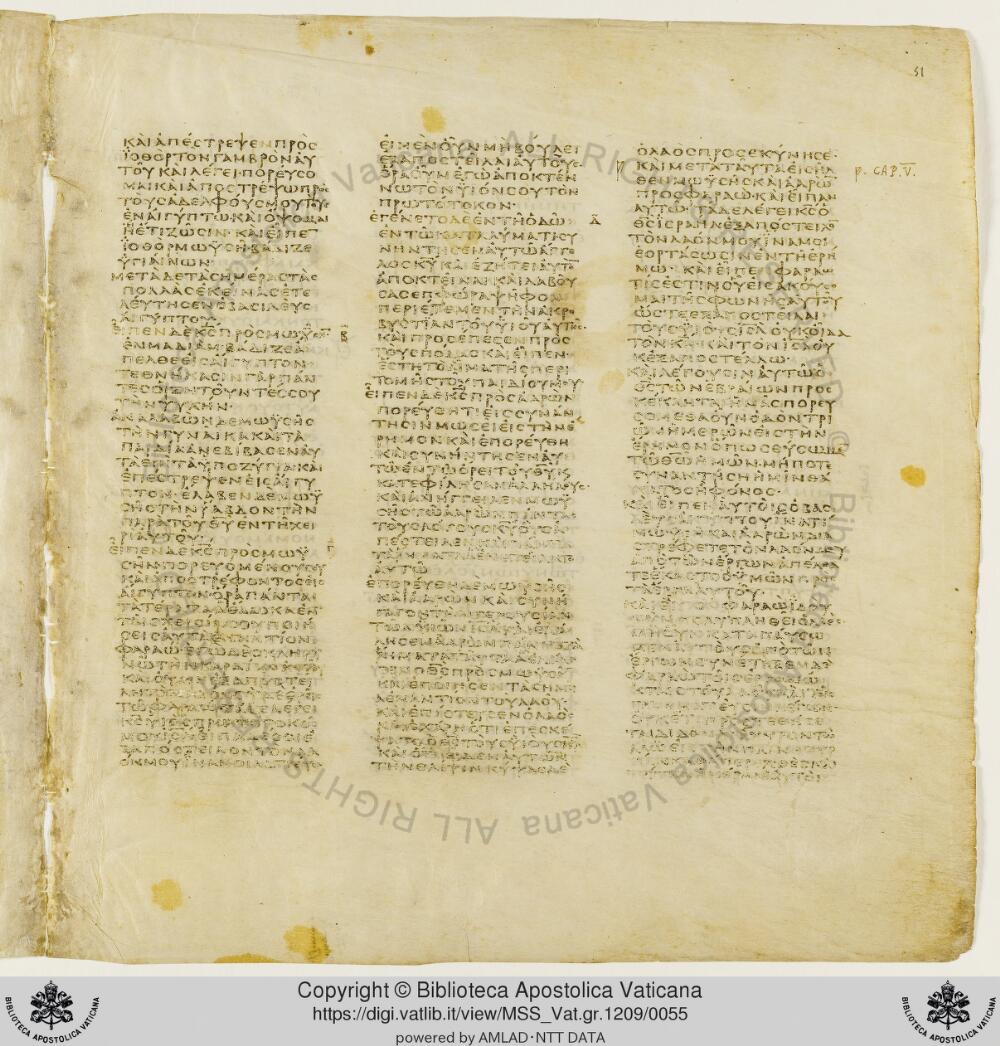 Codex Vaticanus showing Exodus 5:13 from Early to Mid-4th Century AD, currently housed at Vatican Library, Vatican City