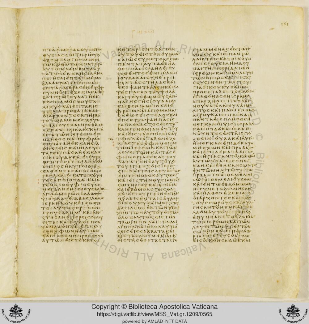 Codex Vaticanus showing 2 Chronicles 30:2 from Early to Mid-4th Century AD, currently housed at Vatican Library, Vatican City