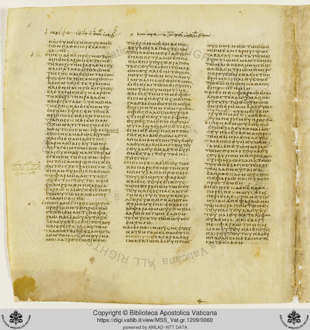 Codex Vaticanus showing Exodus 9:13 from Early to Mid-4th Century AD, currently housed at Vatican Library, Vatican City
