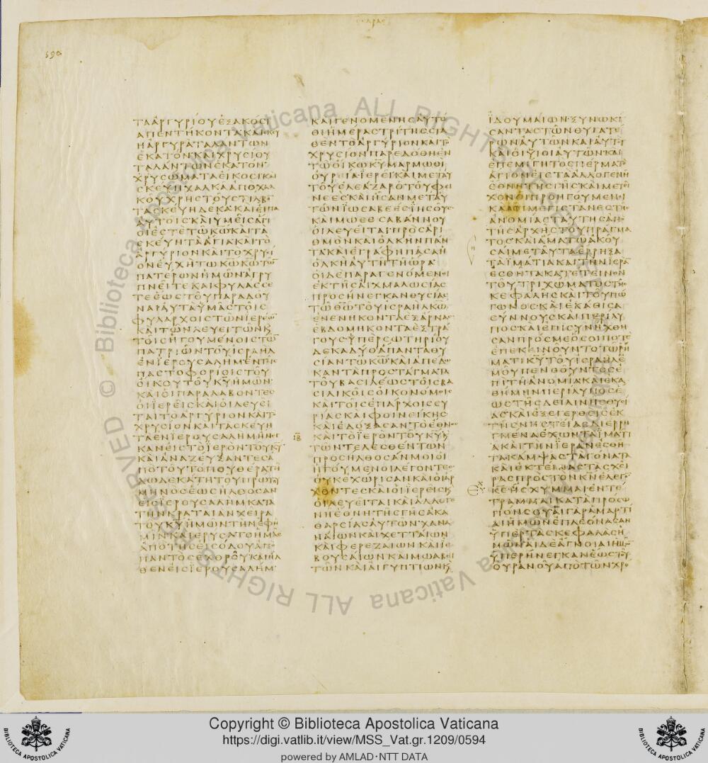Codex Vaticanus showing 1 Esdras 8:69 from Early to Mid-4th Century AD, currently housed at Vatican Library, Vatican City