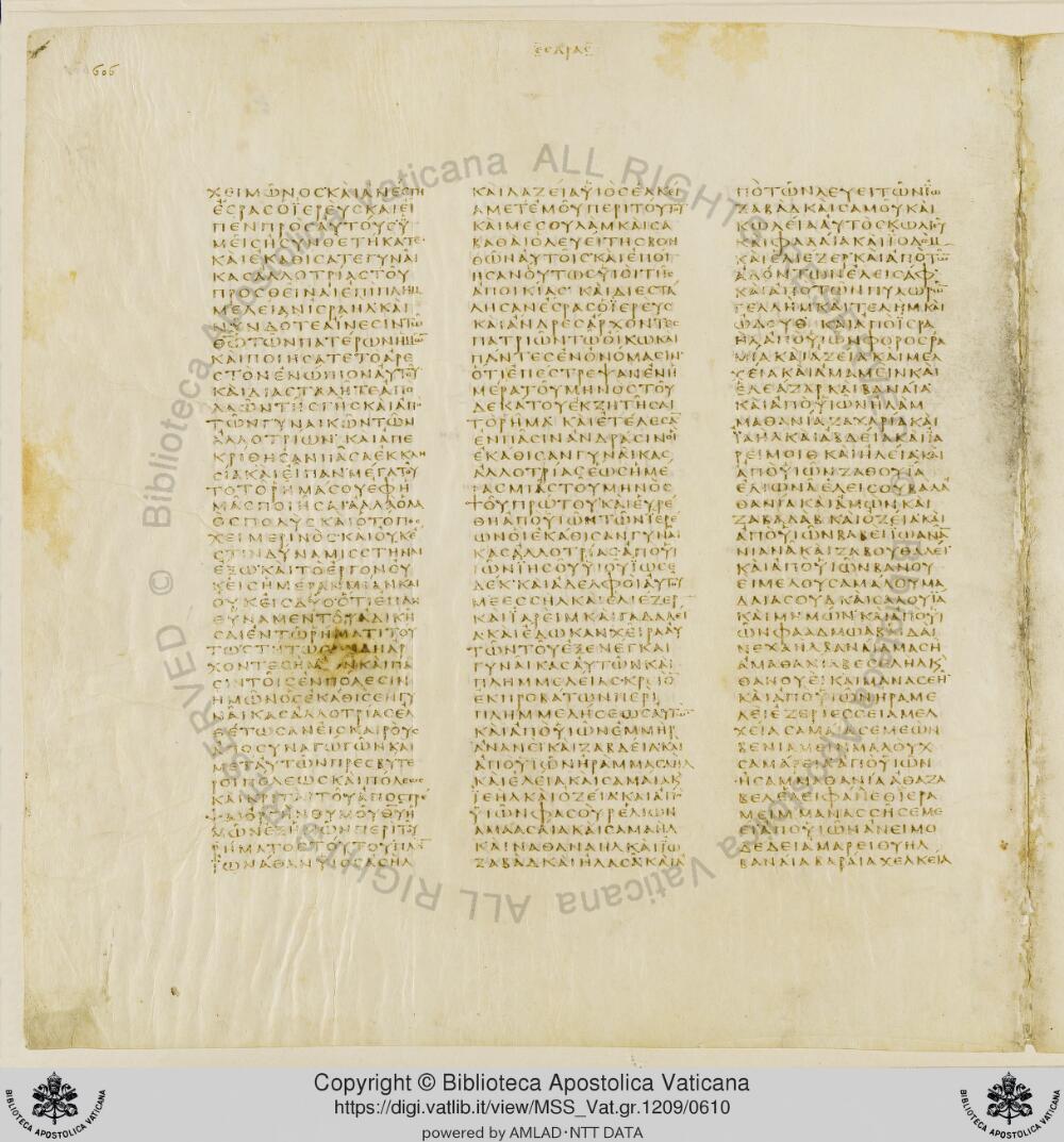 Codex Vaticanus showing Ezra (2 Esdras) 10:13 from Early to Mid-4th Century AD, currently housed at Vatican Library, Vatican City