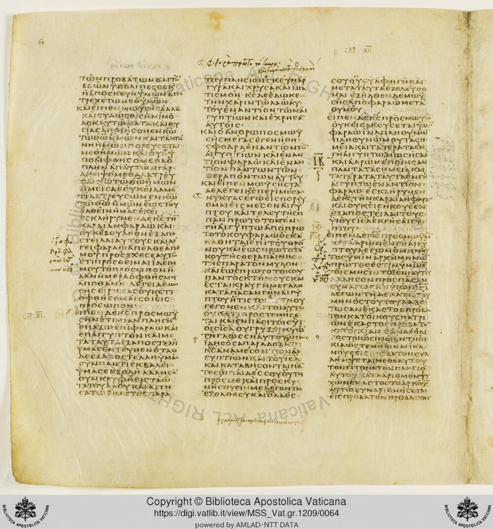 Codex Vaticanus showing Exodus 12:21 from Early to Mid-4th Century AD, currently housed at Vatican Library, Vatican City