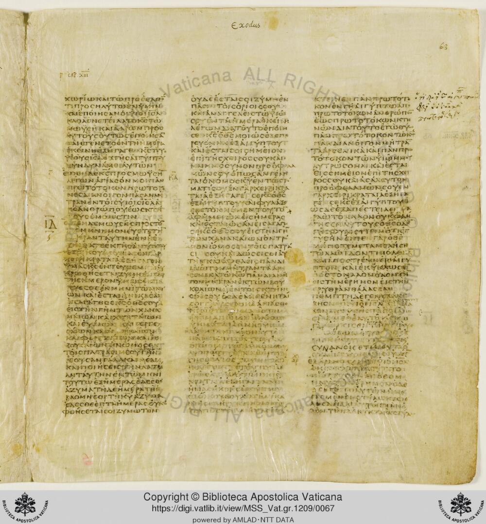 Codex Vaticanus showing Exodus 14:21 from Early to Mid-4th Century AD, currently housed at Vatican Library, Vatican City
