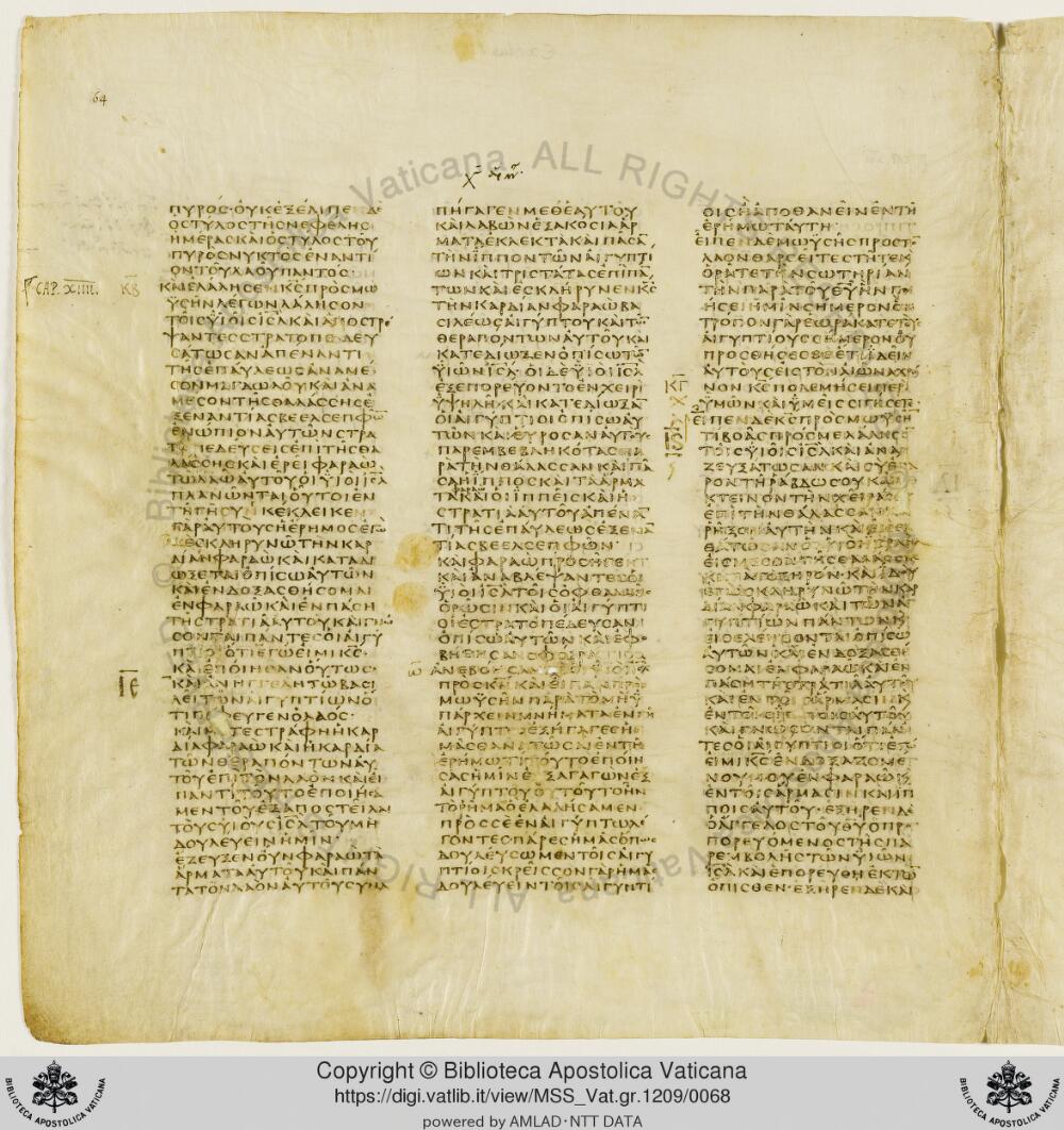 Codex Vaticanus showing Exodus 15:13 from Early to Mid-4th Century AD, currently housed at Vatican Library, Vatican City