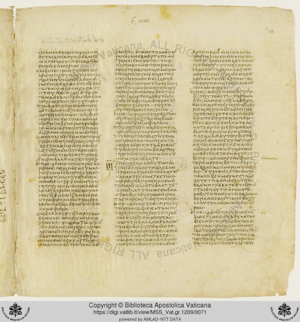 Codex Vaticanus showing Exodus 18:13 from Early to Mid-4th Century AD, currently housed at Vatican Library, Vatican City