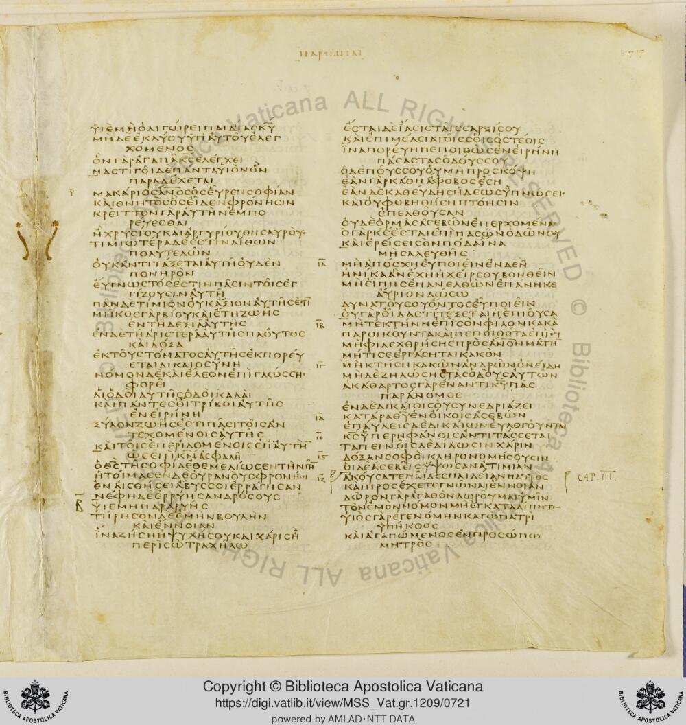 Codex Vaticanus showing Proverbs 4:2 from Early to Mid-4th Century AD, currently housed at Vatican Library, Vatican City