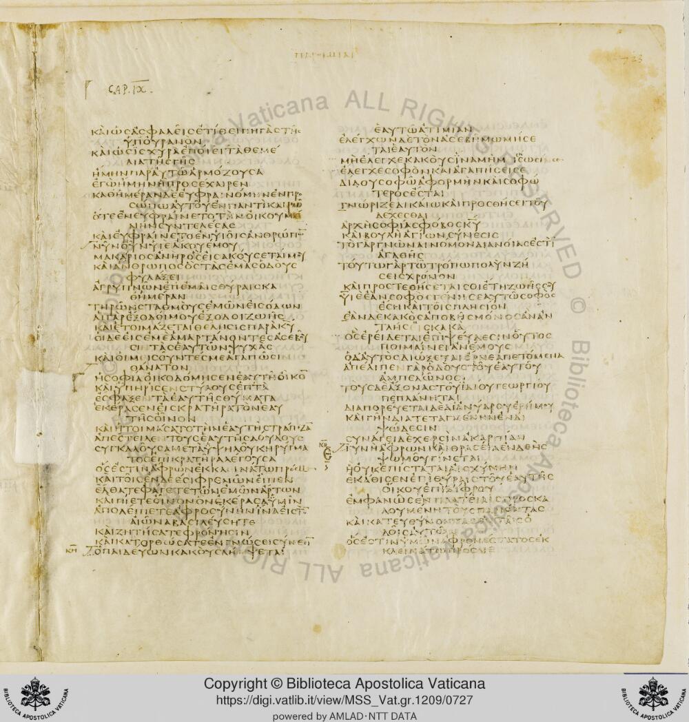 Codex Vaticanus showing Proverbs 9:13 from Early to Mid-4th Century AD, currently housed at Vatican Library, Vatican City