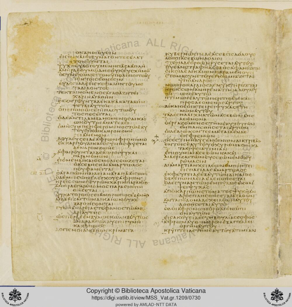 Codex Vaticanus showing Proverbs 11:21 from Early to Mid-4th Century AD, currently housed at Vatican Library, Vatican City