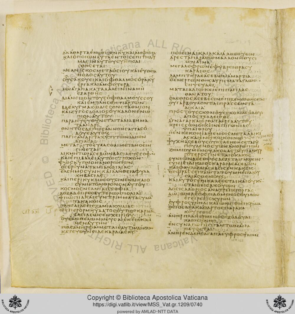Codex Vaticanus showing Proverbs 20:21 from Early to Mid-4th Century AD, currently housed at Vatican Library, Vatican City