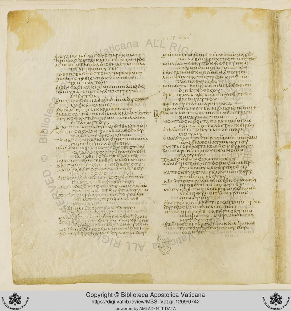Codex Vaticanus showing Proverbs 21:28 from Early to Mid-4th Century AD, currently housed at Vatican Library, Vatican City