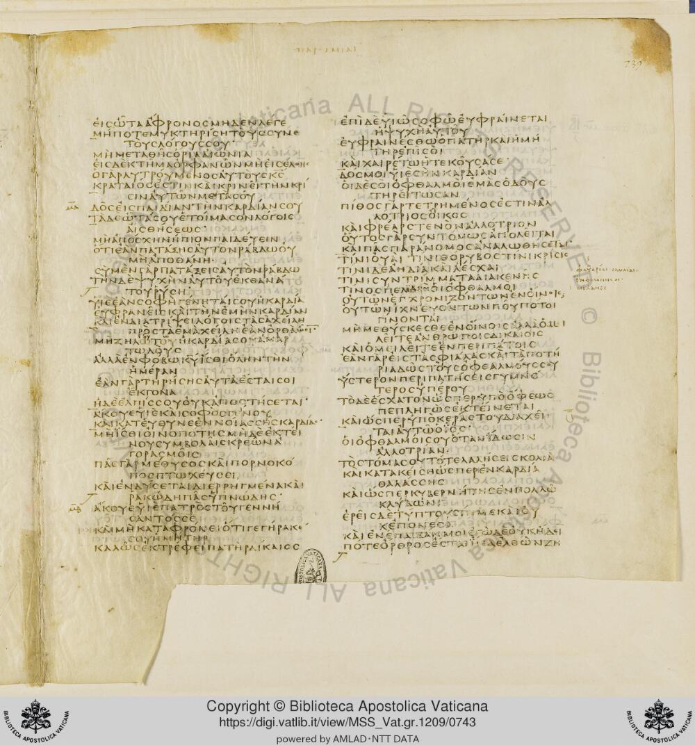 Codex Vaticanus showing Proverbs 22:21 from Early to Mid-4th Century AD, currently housed at Vatican Library, Vatican City