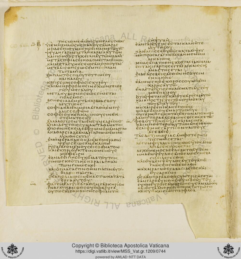 Codex Vaticanus showing Proverbs 24:2 from Early to Mid-4th Century AD, currently housed at Vatican Library, Vatican City