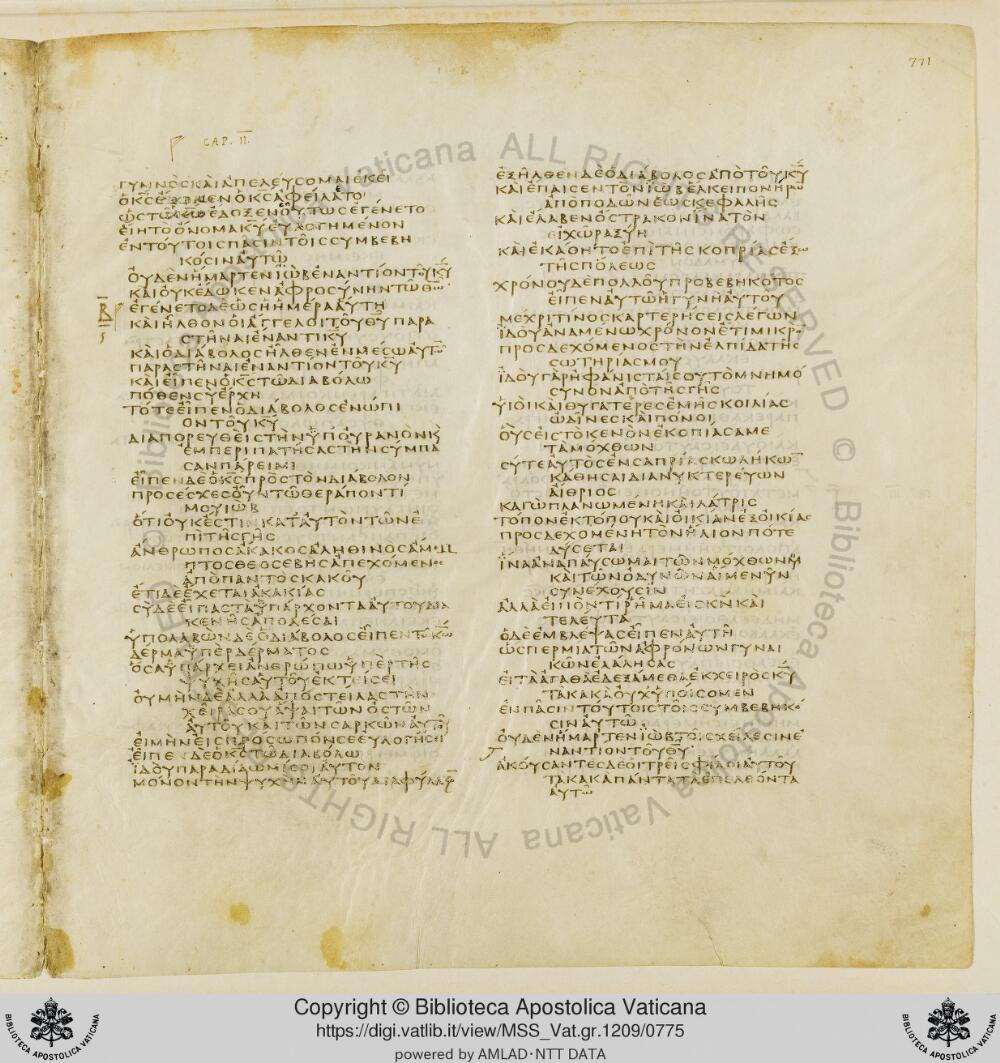 Codex Vaticanus showing Job 2:13 from Early to Mid-4th Century AD, currently housed at Vatican Library, Vatican City
