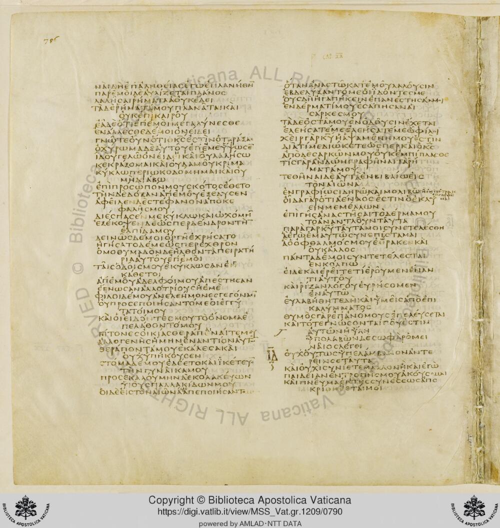 Codex Vaticanus showing Job 19:13 from Early to Mid-4th Century AD, currently housed at Vatican Library, Vatican City