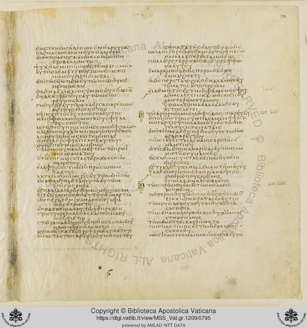 Codex Vaticanus showing Job 24:21 from Early to Mid-4th Century AD, currently housed at Vatican Library, Vatican City
