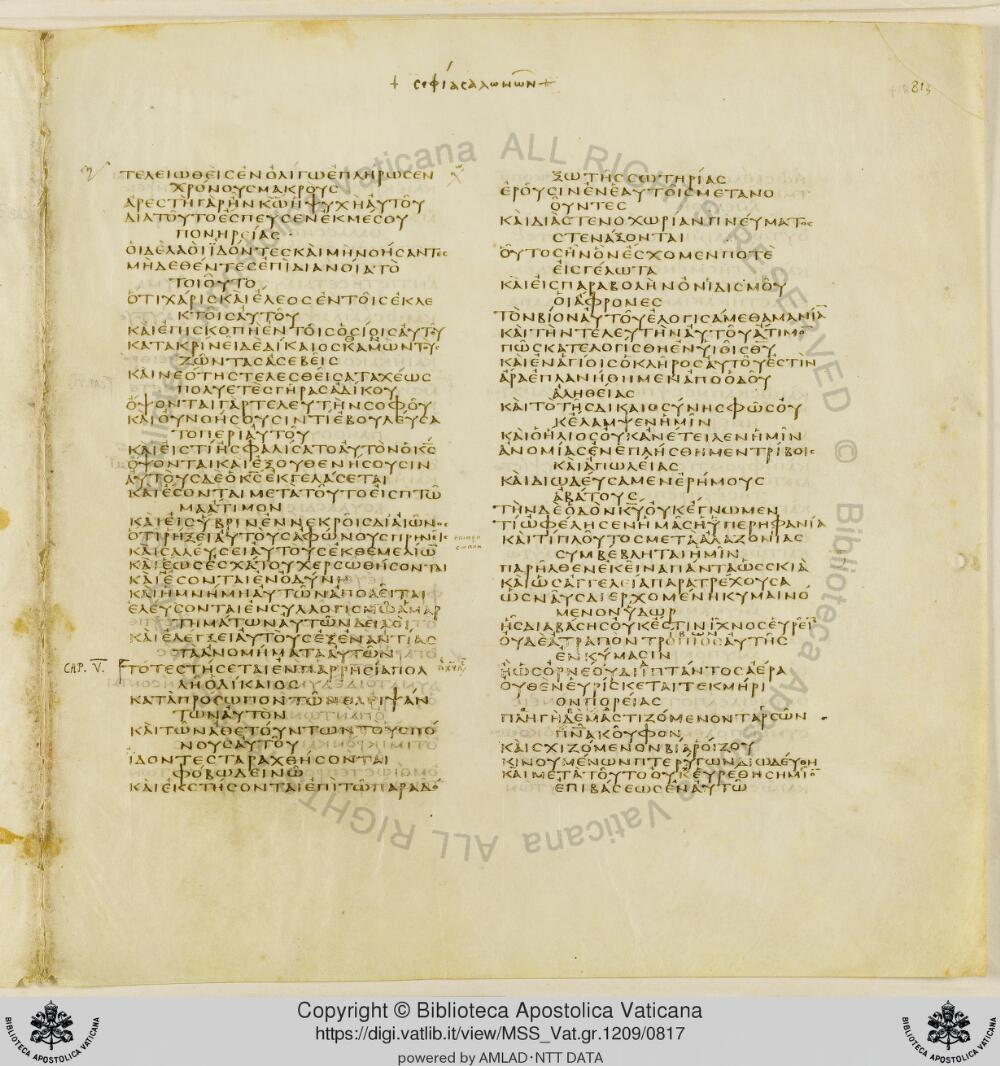 Codex Vaticanus showing Wisdom of Solomon 4:7 from Early to Mid-4th Century AD, currently housed at Vatican Library, Vatican City