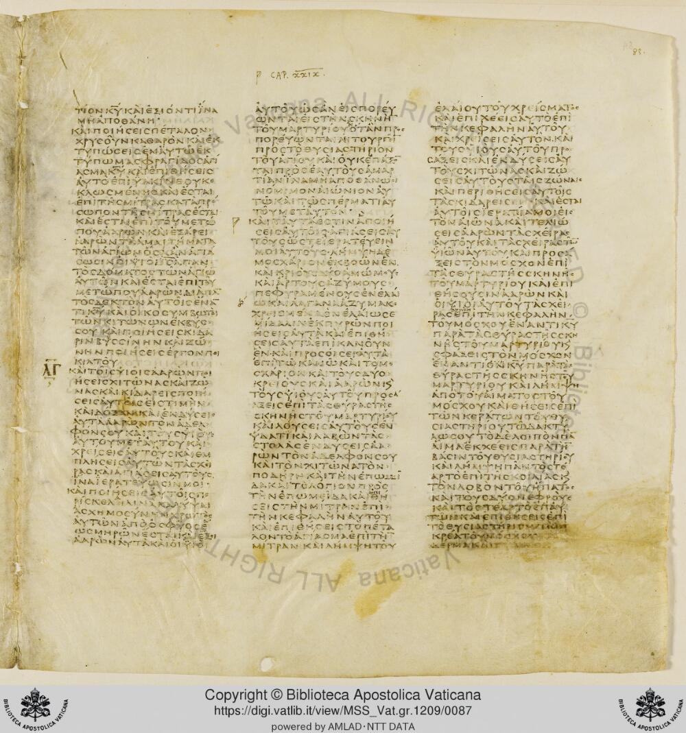 Codex Vaticanus showing Exodus 29:21 from Early to Mid-4th Century AD, currently housed at Vatican Library, Vatican City