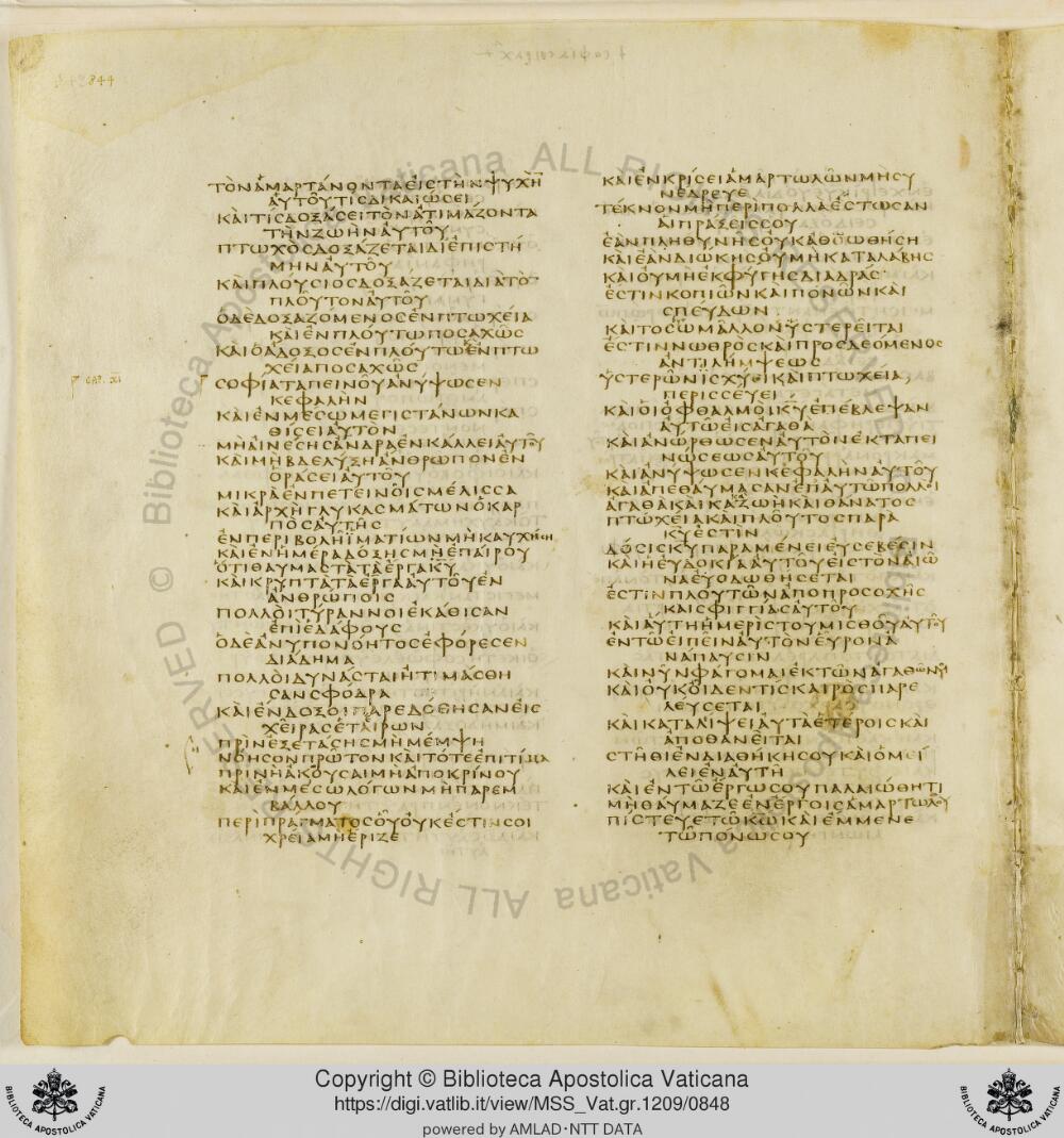 Codex Vaticanus showing Sirach 10:21 from Early to Mid-4th Century AD, currently housed at Vatican Library, Vatican City
