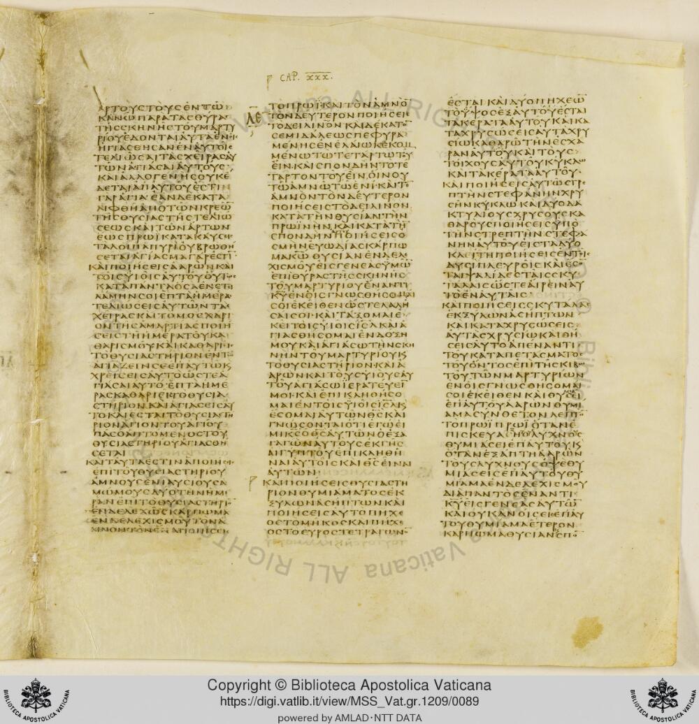 Codex Vaticanus showing Exodus 31:2 from Early to Mid-4th Century AD, currently housed at Vatican Library, Vatican City