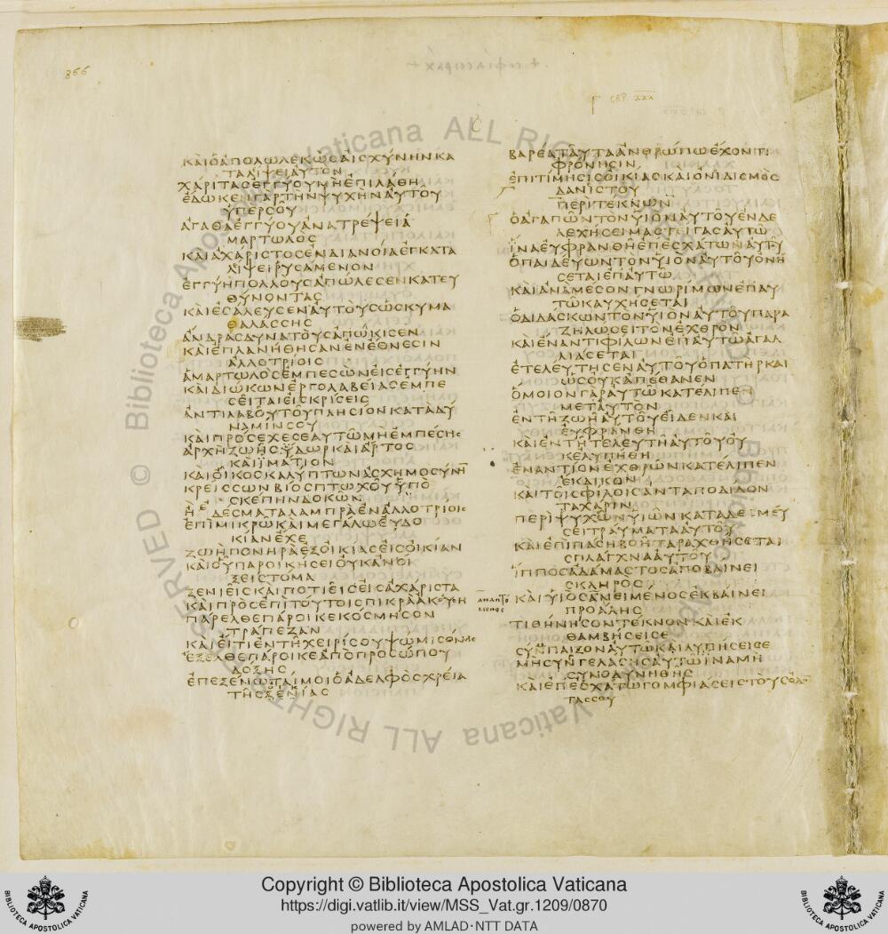 Codex Vaticanus showing Sirach 28:21 from Early to Mid-4th Century AD, currently housed at Vatican Library, Vatican City