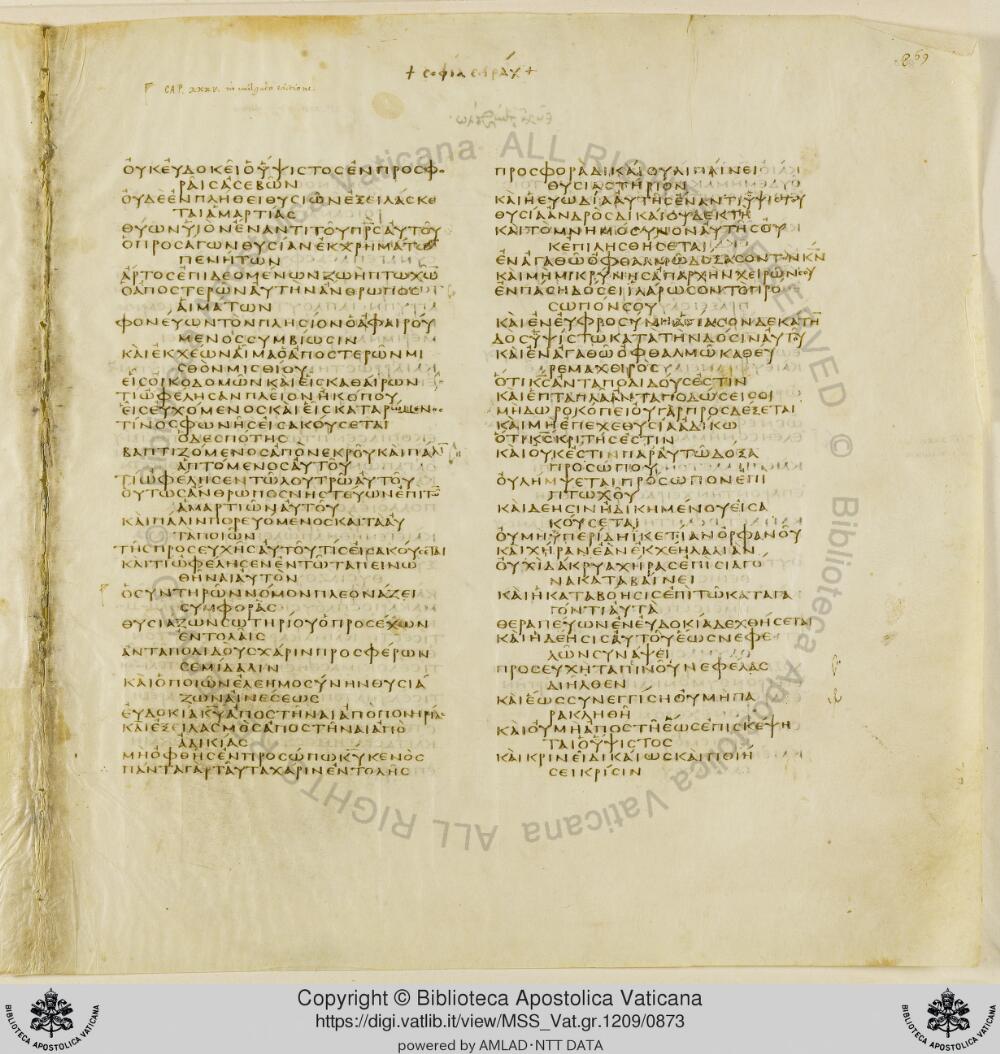 Codex Vaticanus showing Sirach 30:21 from Early to Mid-4th Century AD, currently housed at Vatican Library, Vatican City