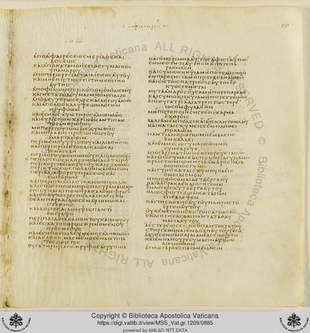 Codex Vaticanus showing Sirach 40:13 from Early to Mid-4th Century AD, currently housed at Vatican Library, Vatican City