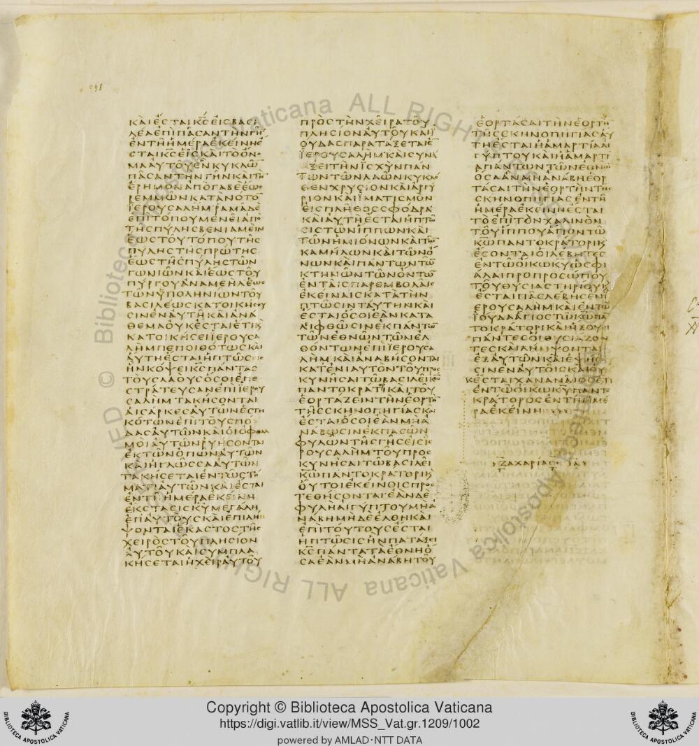 Codex Vaticanus showing Zechariah 13:2 from Early to Mid-4th Century AD, currently housed at Vatican Library, Vatican City
