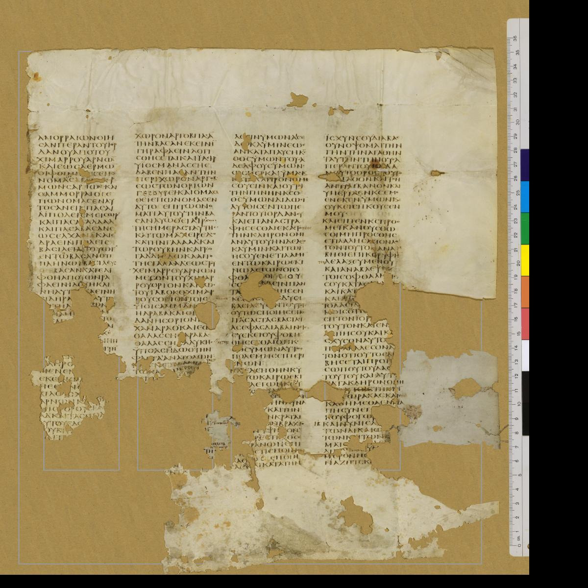 Codex Sinaiticus showing Deuteronomy 3:21 from 4th Century AD found in St. Catherine's Monastery, Sinai, Egypt, currently housed at British Library, London; Leipzig University Library; National Library of Russia; St. Catherine's Monastery