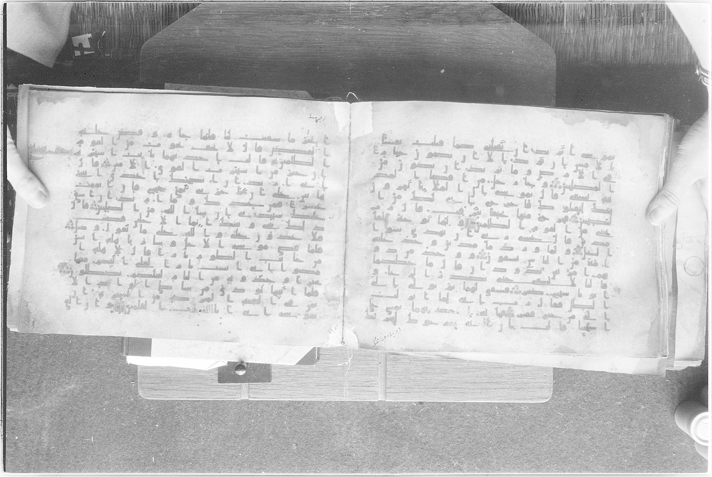 Meknes, Private library of Sherif ʿAbdarraḥmān b. Zīdān, no call number (Scan 2), in kūfī (type C.I) script, showing Surah 28:23 from 8th Century AD found in Meknes, Morocco, currently housed at Private library of Sherif ʿAbdarraḥmān b. Zīdān, Meknes (with fragments in Rabat, Kuwait, and private collections)