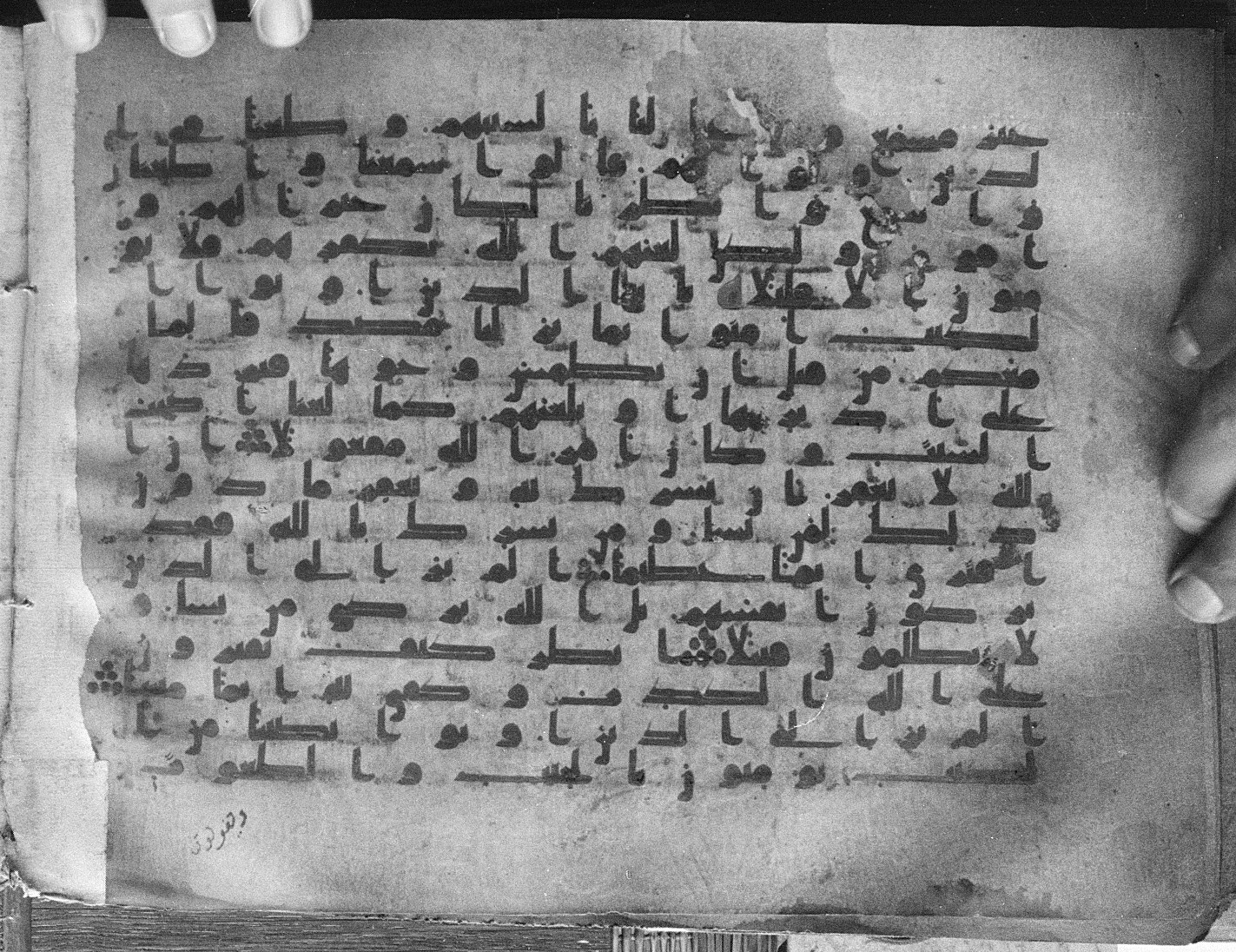 Meknes, Private library of Sherif ʿAbdarraḥmān b. Zīdān, no call number (Scan 1), in kūfī (type C.I) script, showing Surah 4:49 from 8th Century AD found in Meknes, Morocco, currently housed at Private library of Sherif ʿAbdarraḥmān b. Zīdān, Meknes (with fragments in Rabat, Kuwait, and private collections)