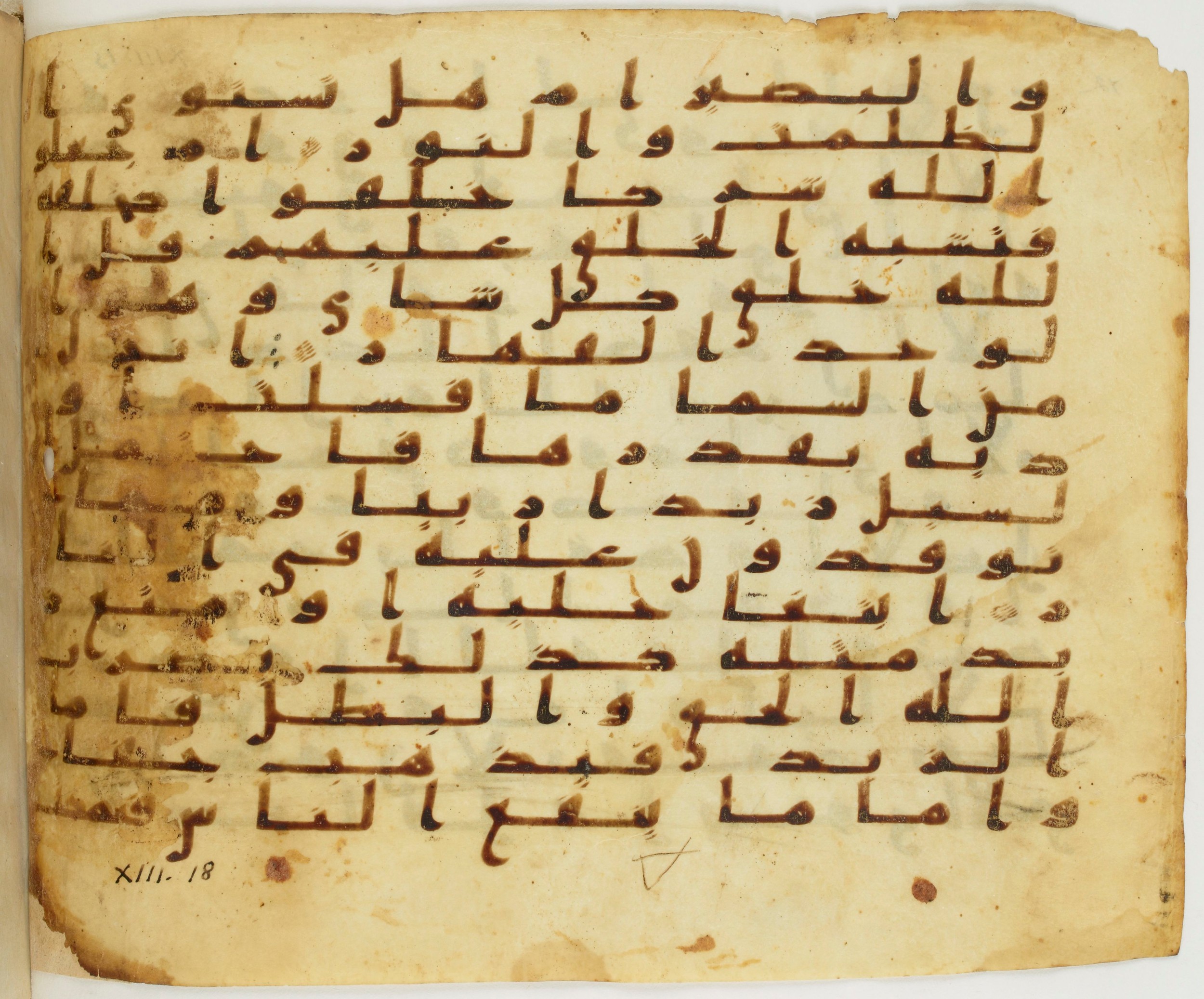 London, The British Library, Or. 2165 (Scan 2), in ḥiǧāzī II script, showing Surah 13:16 from Mid 7th to Mid 8th Century AD found in Fustat (Old Cairo), Egypt, currently housed at The British Library, London