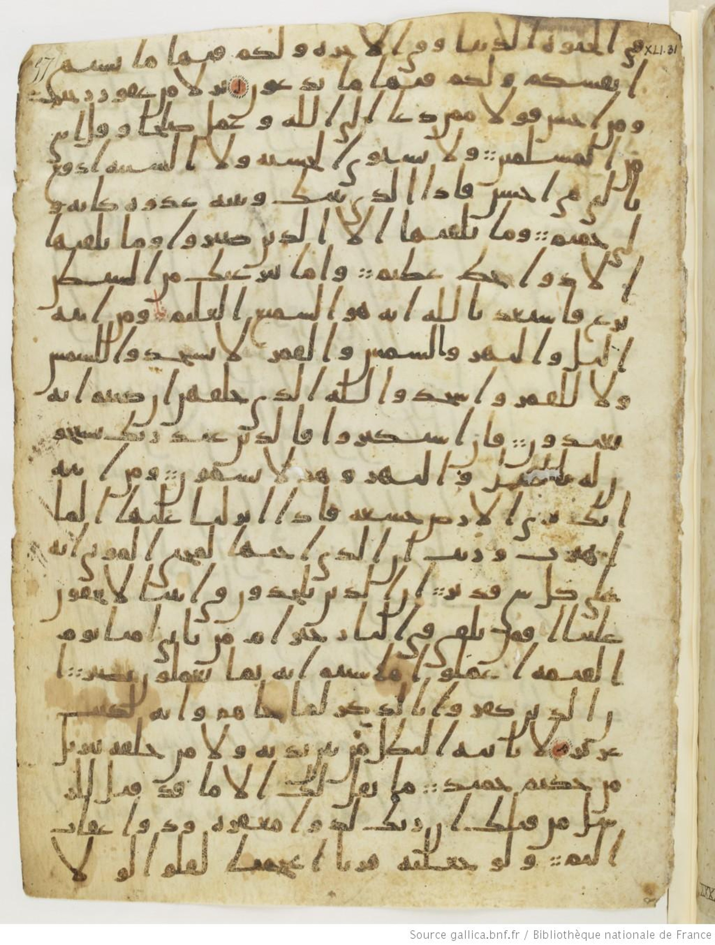 London, The British Library, Or. 2165 (Scan 2), in ḥiǧāzī II script, showing Surah 41:39 from Mid 7th to Mid 8th Century AD found in Fustat (Old Cairo), Egypt, currently housed at The British Library, London