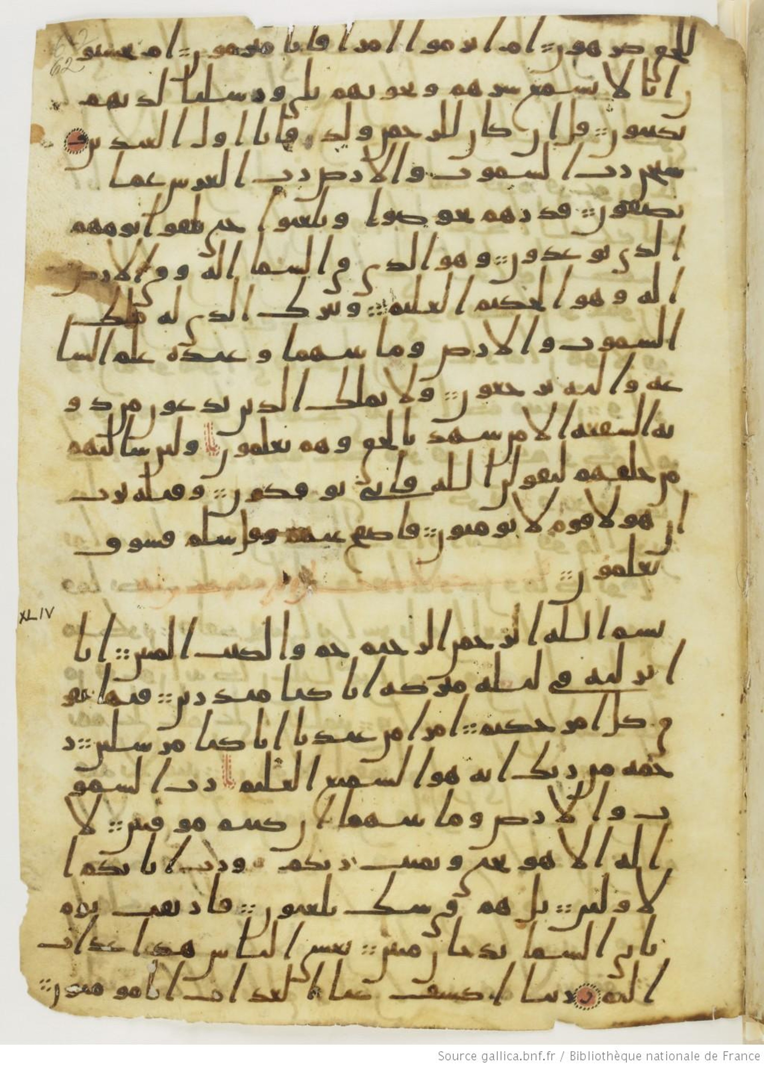 London, The British Library, Or. 2165 (Scan 2), in ḥiǧāzī II script, showing Surah 44:2 from Mid 7th to Mid 8th Century AD found in Fustat (Old Cairo), Egypt, currently housed at The British Library, London