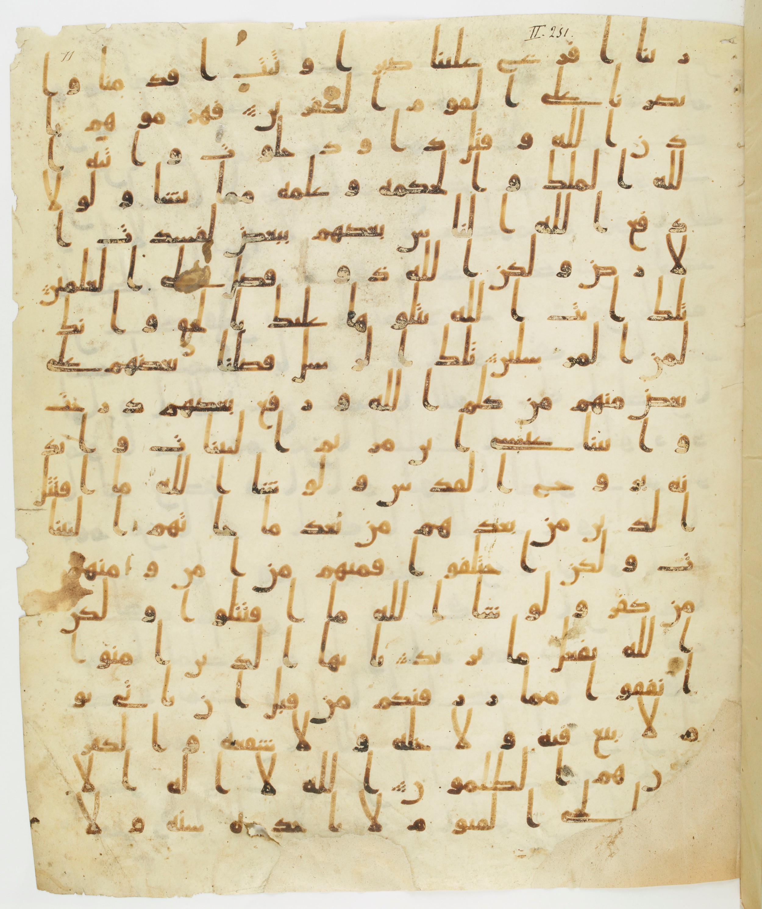 Staatsbibliothek zu Berlin, Ms. or. fol. 4313 (Scan 2), in Ḥiǧāzī (close to type II) script, showing Surah 2:255 from Mid to Late 7th Century AD found in Fustat (Old Cairo), Egypt, currently housed at Staatsbibliothek zu Berlin, Berlin