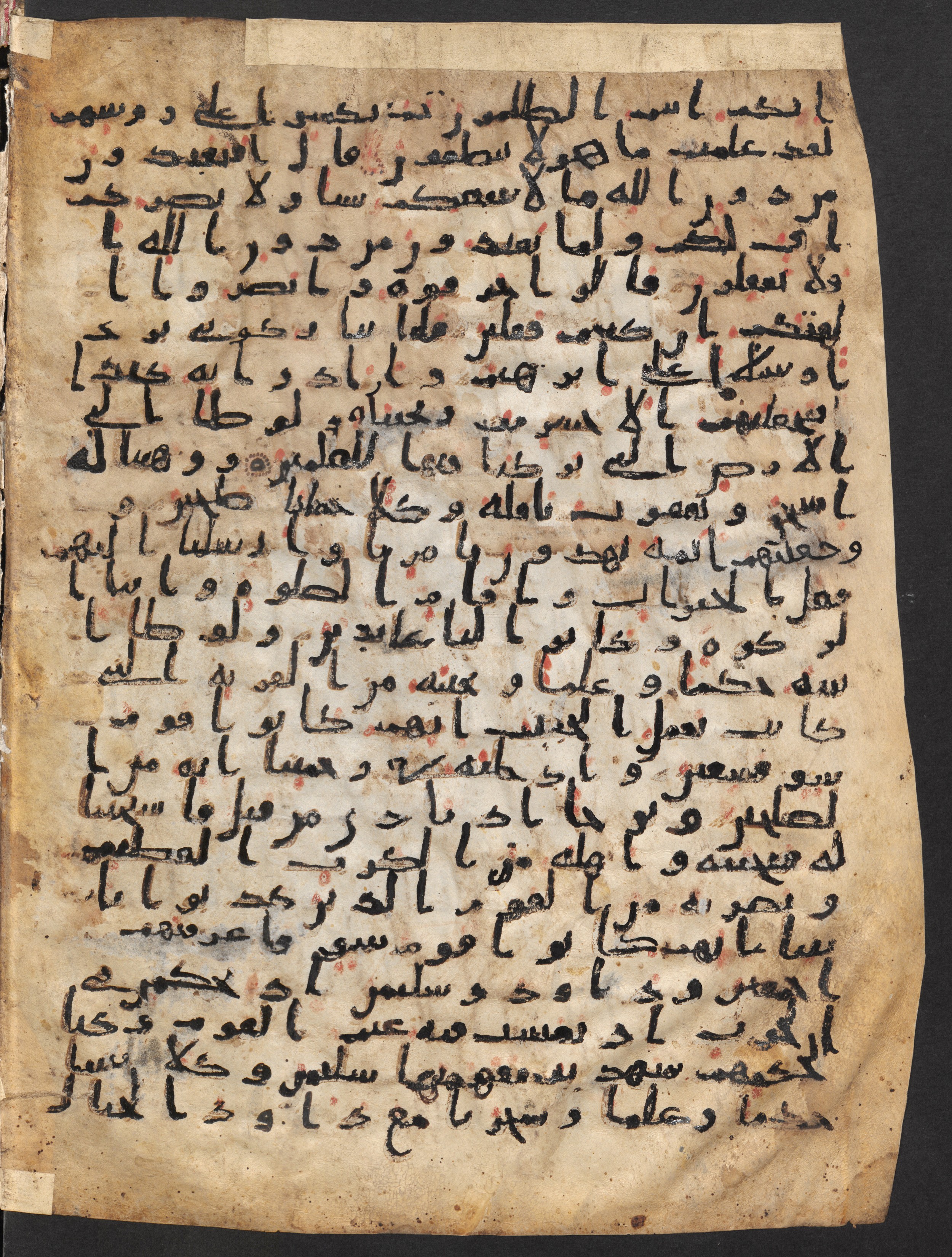 Staatsbibliothek zu Berlin, Ms. or. fol. 4313 (Scan 2), in Ḥiǧāzī (close to type II) script, showing Surah 21:67 from Mid to Late 7th Century AD found in Fustat (Old Cairo), Egypt, currently housed at Staatsbibliothek zu Berlin, Berlin