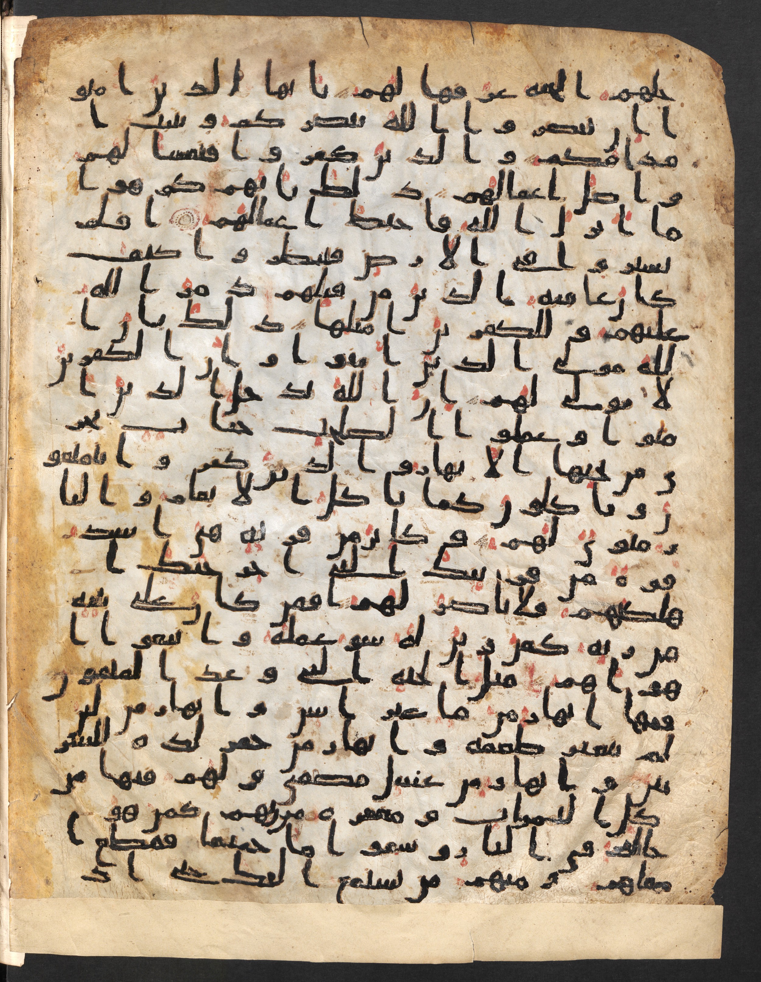 Staatsbibliothek zu Berlin, Ms. or. fol. 4313 (Scan 1), in Ḥiǧāzī (close to type II) script, showing Surah 47:13 from Mid to Late 7th Century AD found in Fustat (Old Cairo), Egypt, currently housed at Staatsbibliothek zu Berlin, Berlin