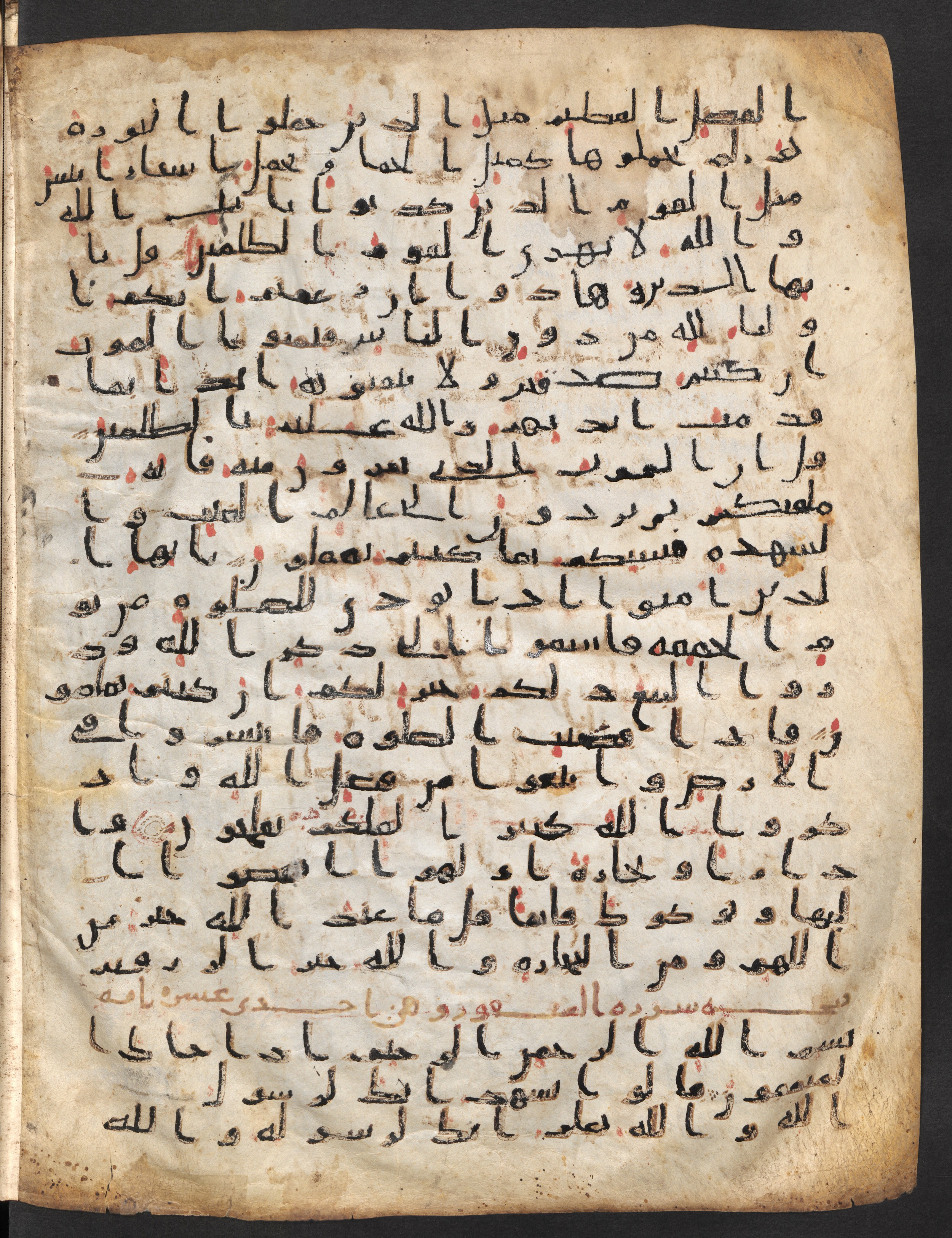 Staatsbibliothek zu Berlin, Ms. or. fol. 4313 (Scan 1), in Ḥiǧāzī (close to type II) script, showing Surah 63:1 from Mid to Late 7th Century AD found in Fustat (Old Cairo), Egypt, currently housed at Staatsbibliothek zu Berlin, Berlin