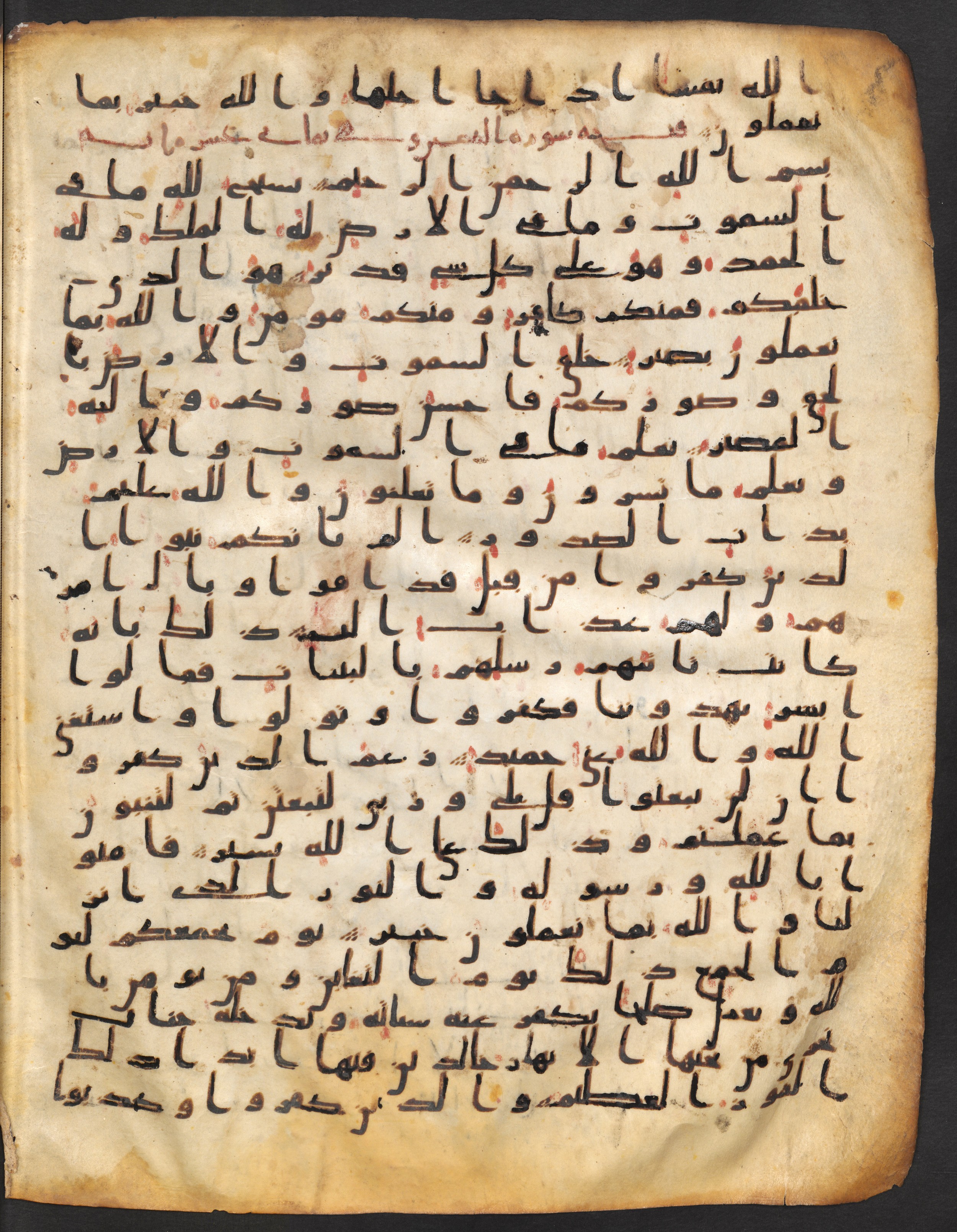 Staatsbibliothek zu Berlin, Ms. or. fol. 4313 (Scan 1), in Ḥiǧāzī (close to type II) script, showing Surah 64:2 from Mid to Late 7th Century AD found in Fustat (Old Cairo), Egypt, currently housed at Staatsbibliothek zu Berlin, Berlin