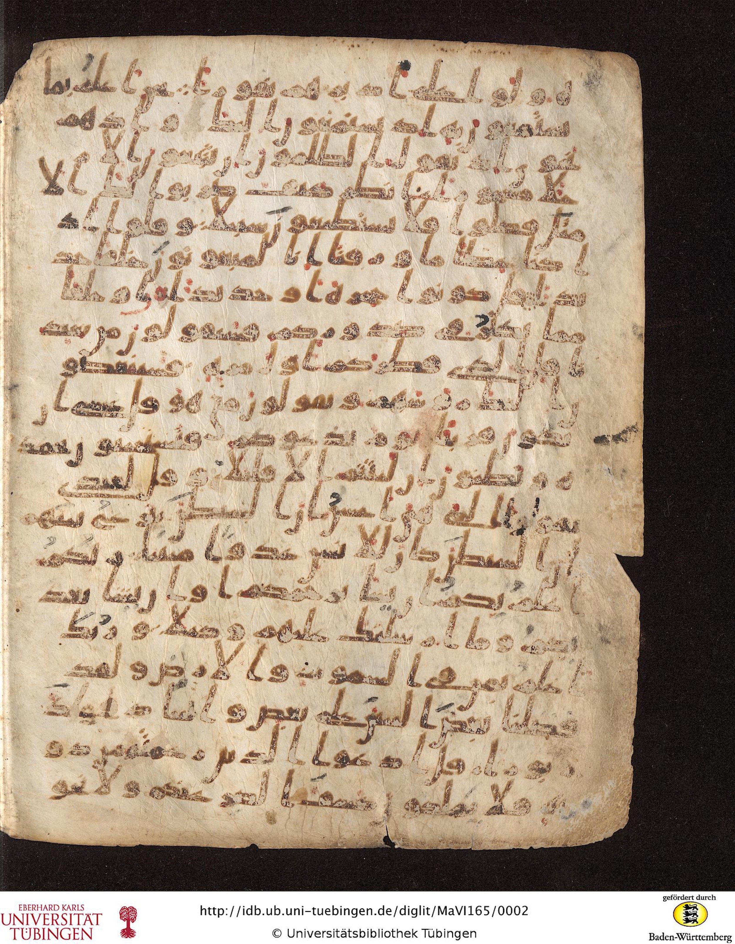 Staatsbibliothek zu Berlin, Ms. or. fol. 4313 (Scan 7), in Ḥiǧāzī (close to type II) script, showing Surah 17:46 from Mid to Late 7th Century AD found in Fustat (Old Cairo), Egypt, currently housed at Staatsbibliothek zu Berlin, Berlin