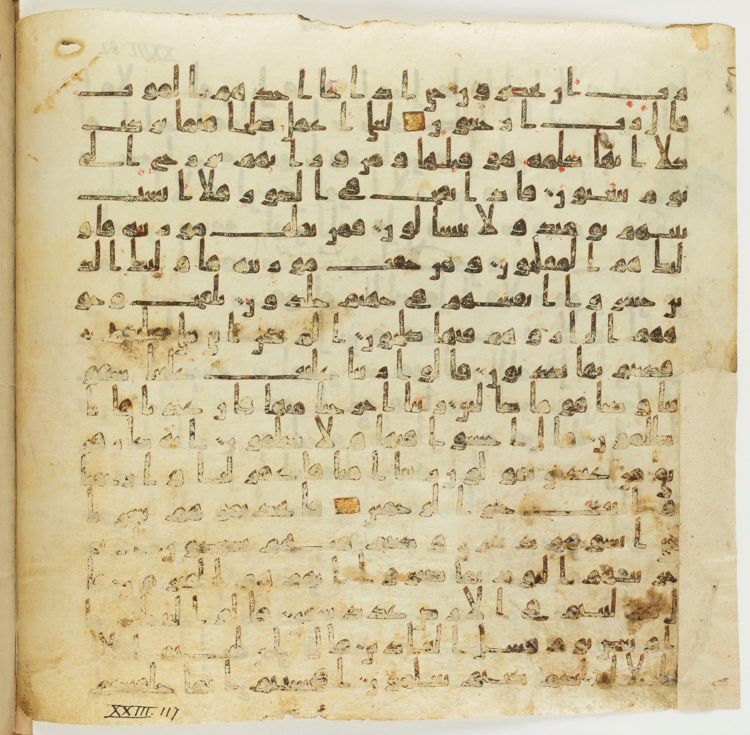 Staatsbibliothek zu Berlin, Ms. or. fol. 4313 (Scan 5), in Ḥiǧāzī (close to type II) script, showing Surah 23:113 from Mid to Late 7th Century AD found in Fustat (Old Cairo), Egypt, currently housed at Staatsbibliothek zu Berlin, Berlin
